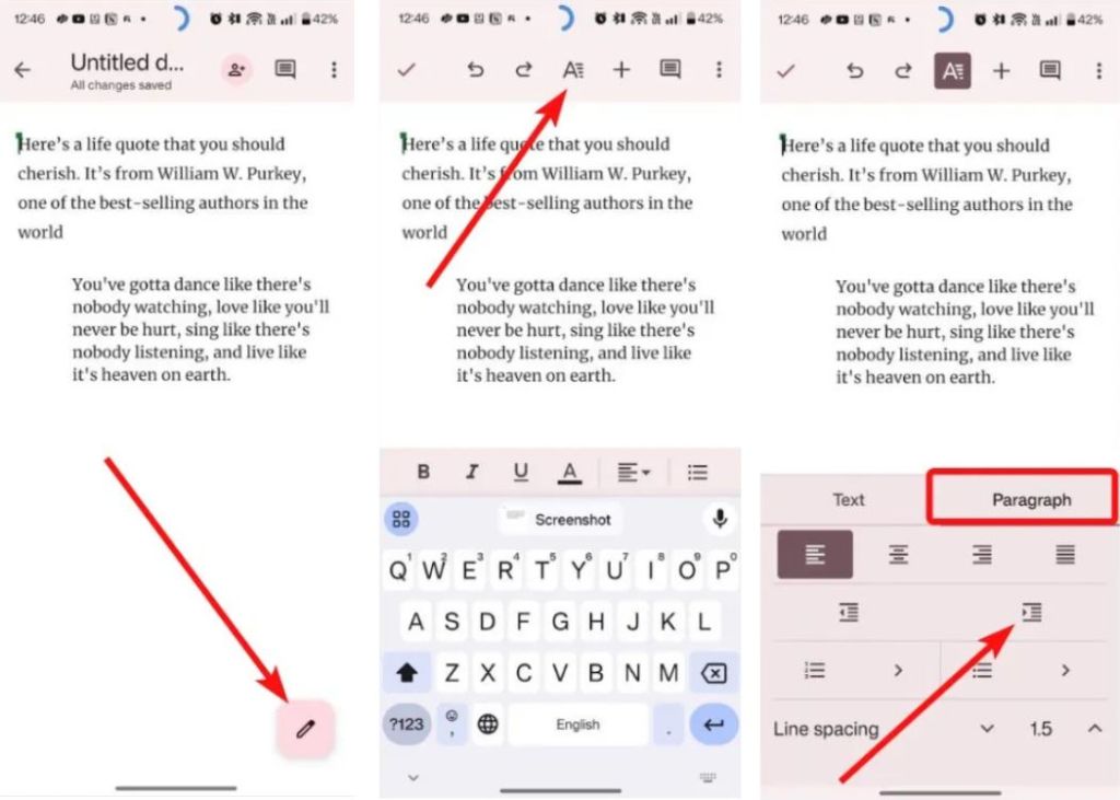 Google Docs Android app with tutorial on hanging indent