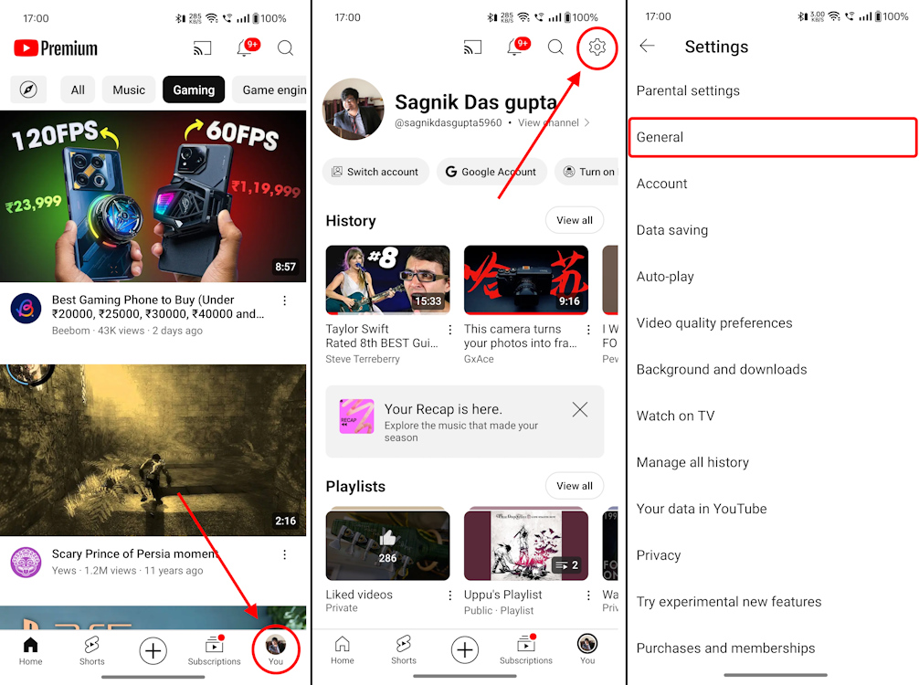Heading over to General tab on YouTube Android app