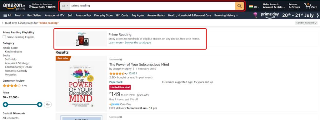 Navigating to Prime Reading on Amazon Prime