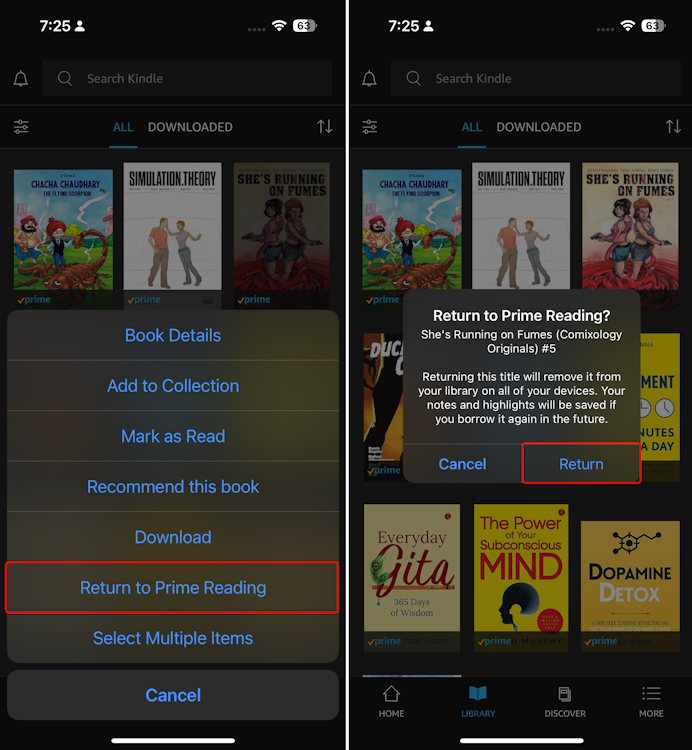 Return books to Prime Reading on iOS