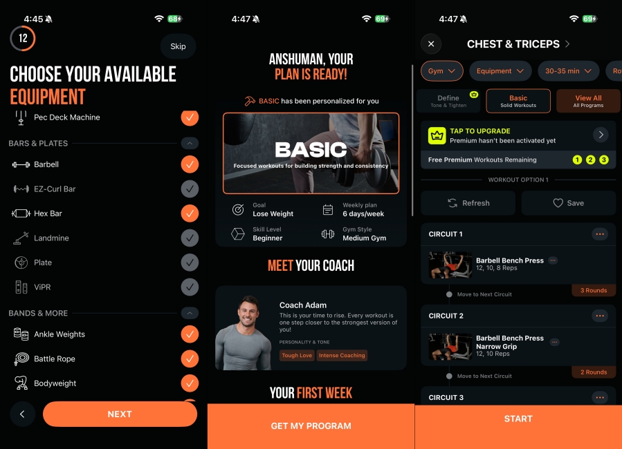 SHRED fitness app screenshots