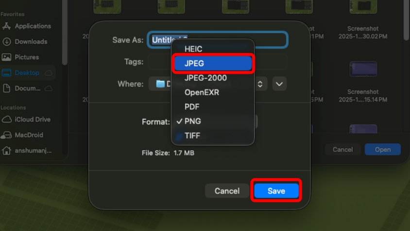 Select the JPEG option and click on Save