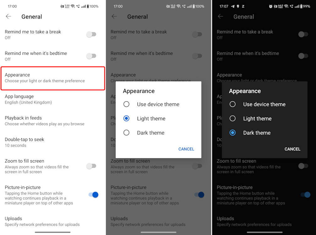 Selecting Dark Mode for YouTube in the dedicated mobile app on Android