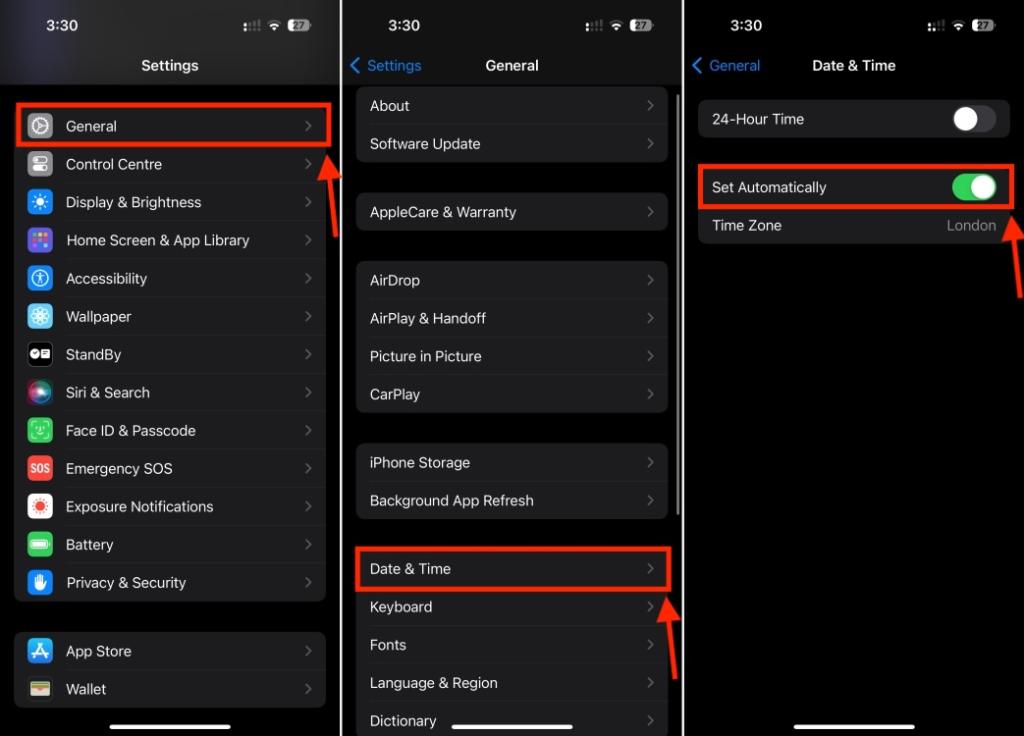 Set date and time on iPhone to Fix “There Was an Error Connecting to the Apple ID Server