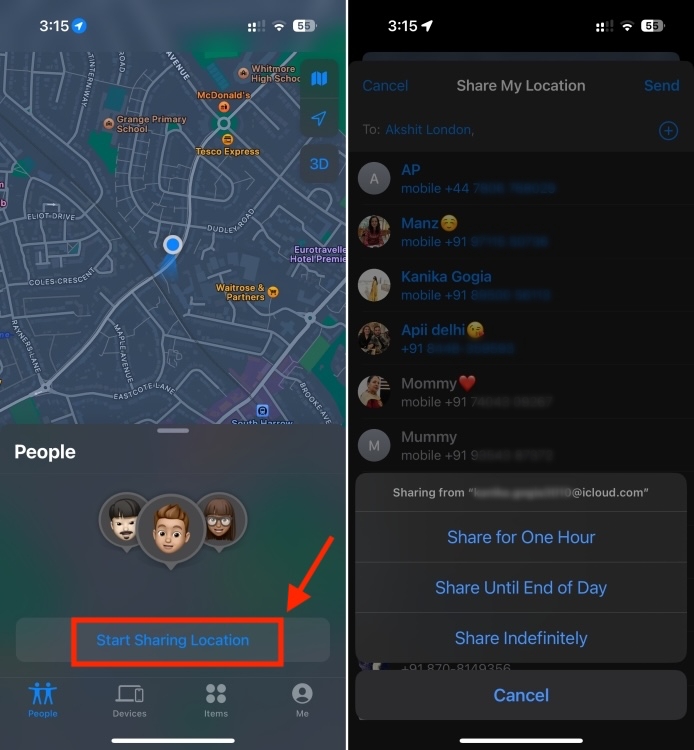 Share Location on Find My app on iPhone