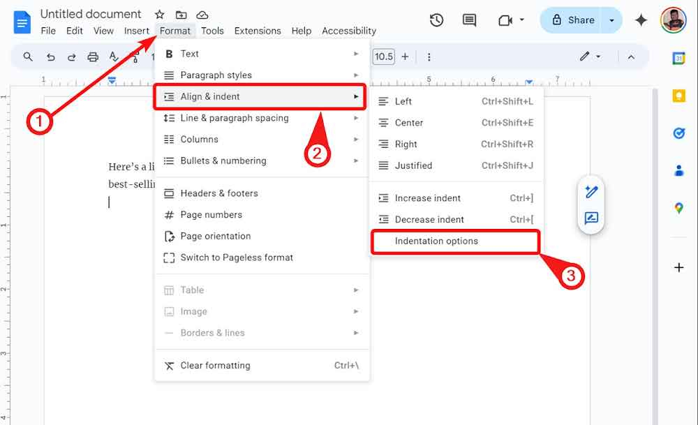 Format option in toolbar with hanging indent option