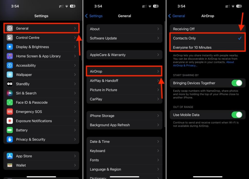 Turn on AirDrop on iPhone in Settings