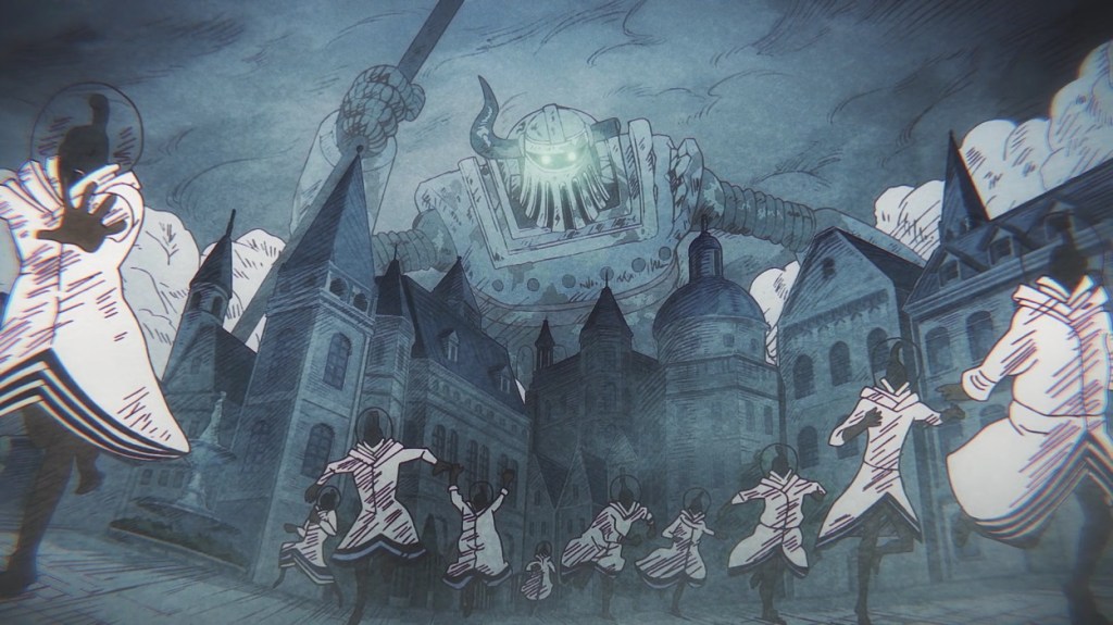 Emet the Iron Giant rampaging in Mary Geoise in One Piece