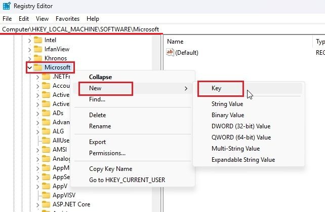 create a new key in registry