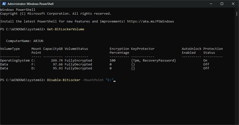 disable bitlocker using powershell