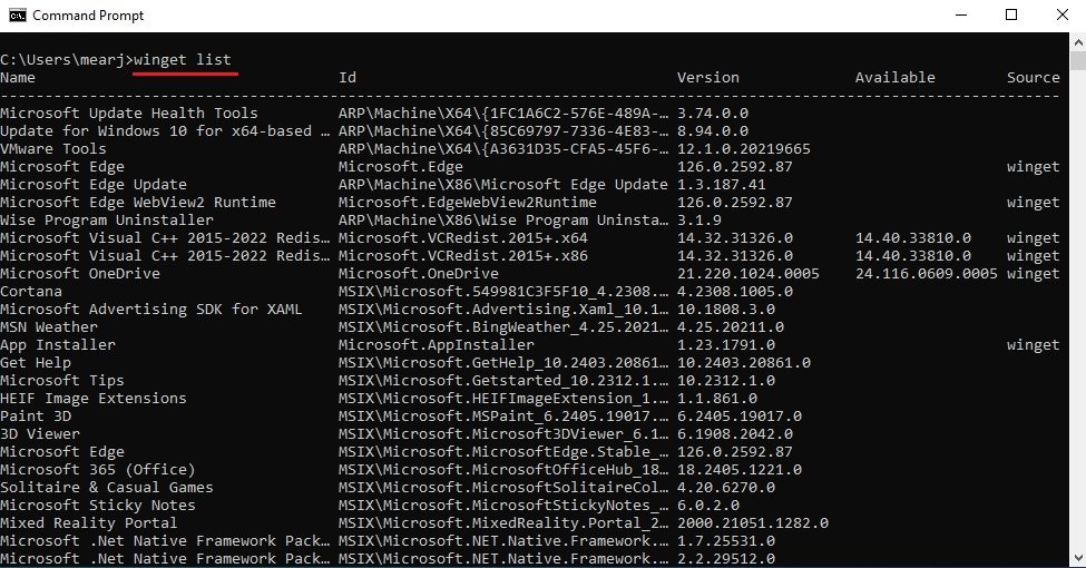 list apps using winget in cmd on windows 10