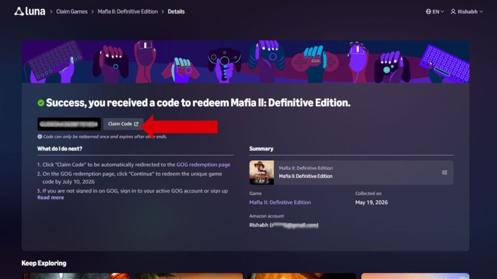 Reward Code for Mafia II on Amazon Luna
