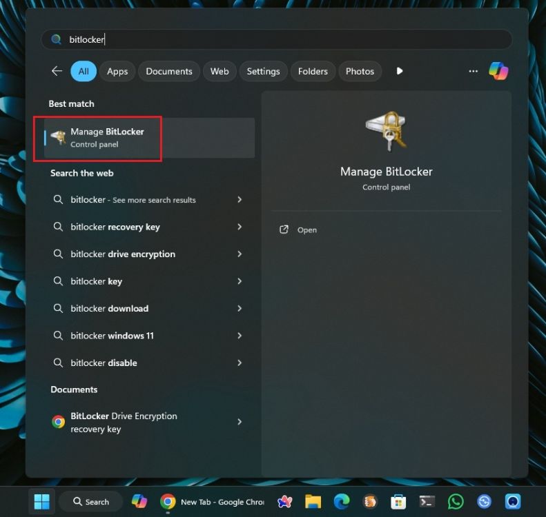 manage bitlocker in start menu