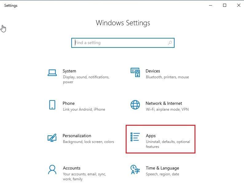open apps in windows 10 settings
