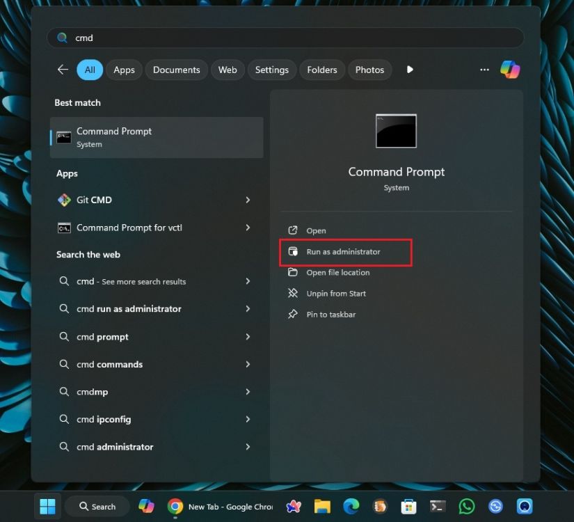 open cmd with admin privilege