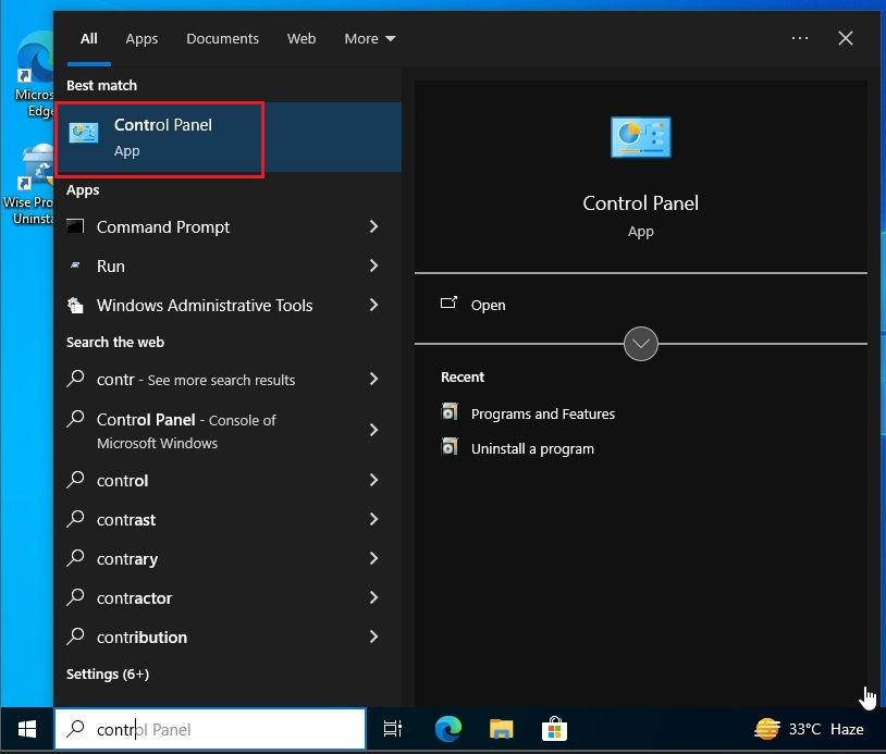 open control panel in windows 10
