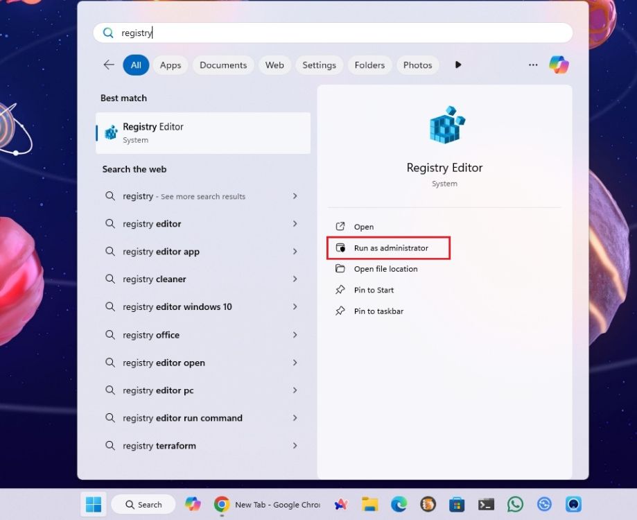 open registry from start menu