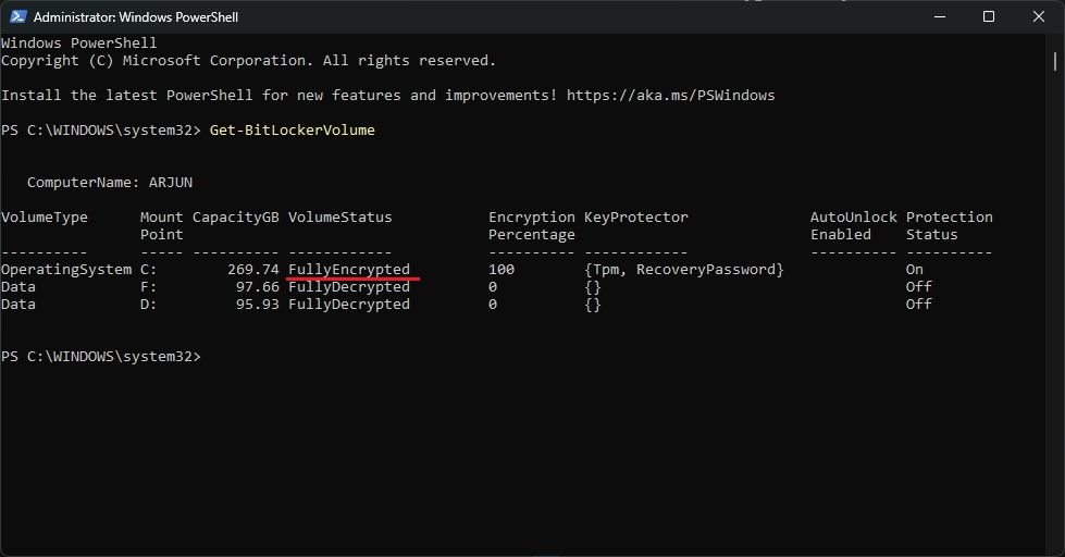 powershell command to check bitlocker encryption