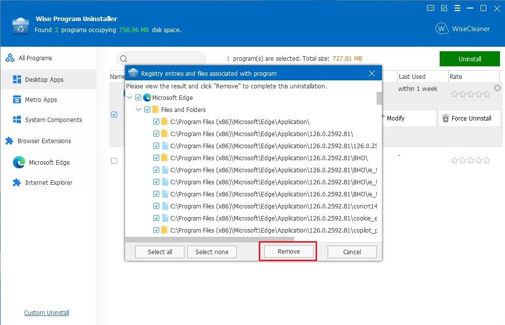 remove edge files and registry entries