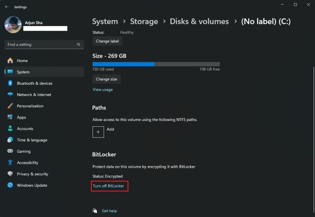 turn off bitlocker from windows settings