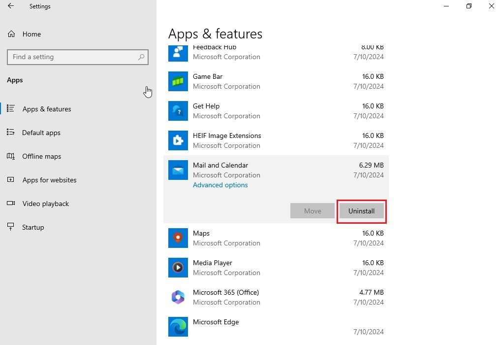 uninstall apps from windows 10 settings
