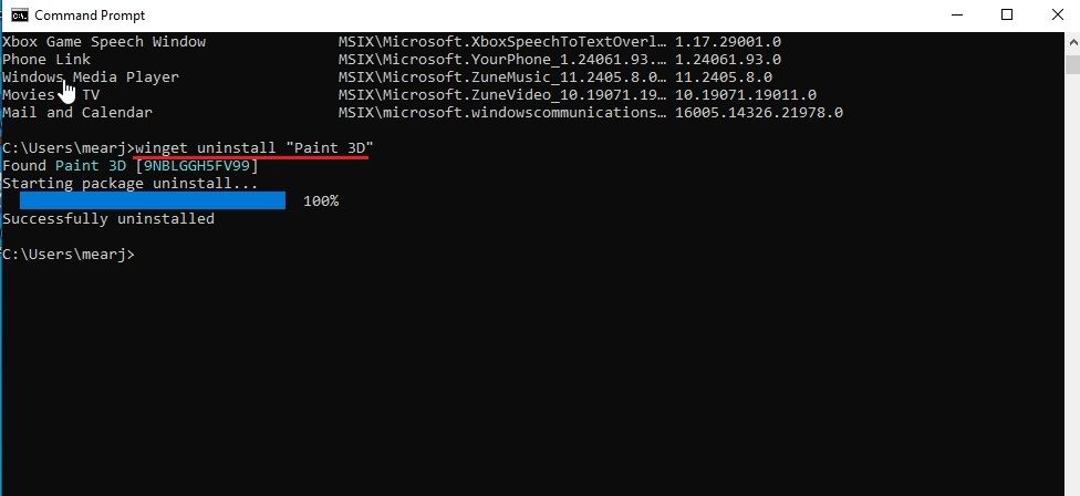 uninstall apps using winget on windows 10