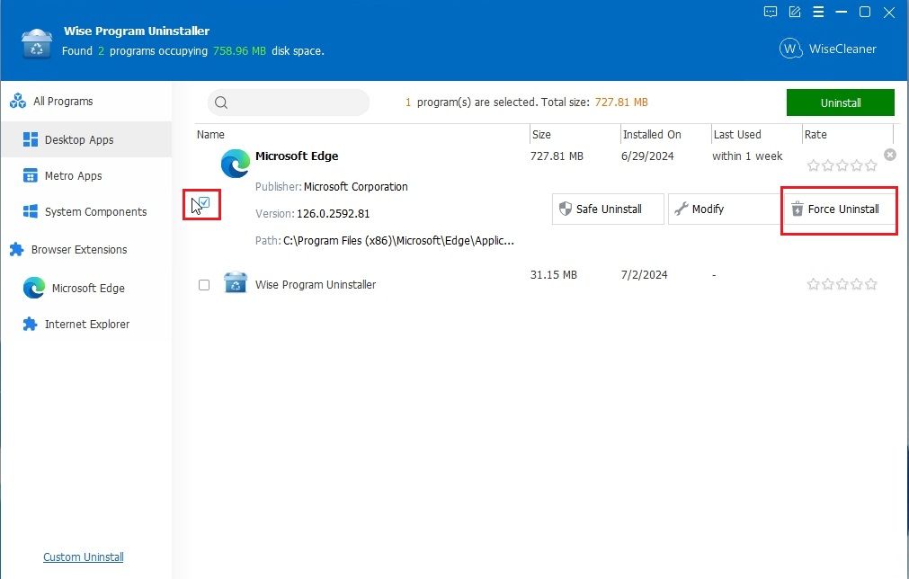 Uninstall Microsoft Edge using Wise Uninstaller