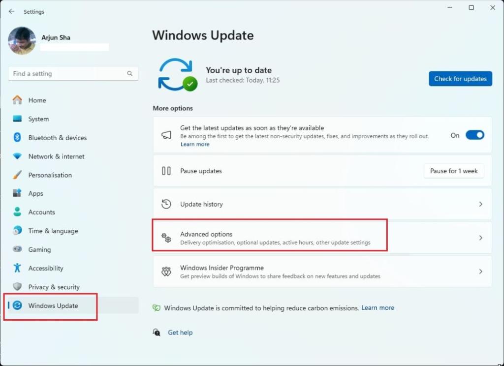 windows update advanced options