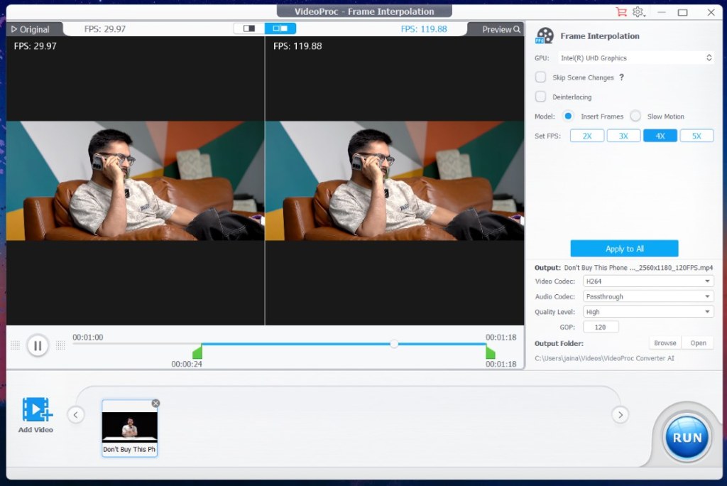 AI Frame Interpolation VideoProc