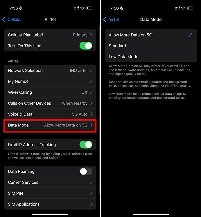 Changing mobile data mode on iPhone to switch off Low Data Mode