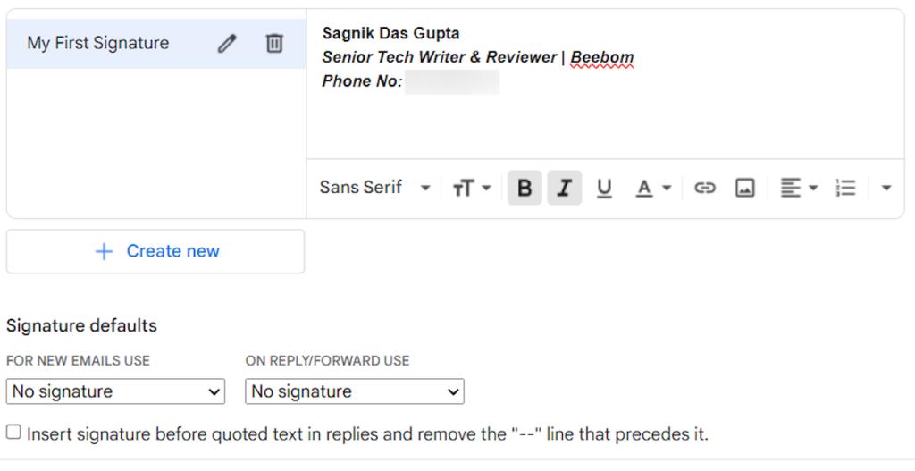 Creating a signature on Gmail web version