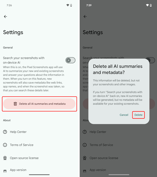 Delete AI Summaries and metadata on Pixel Screenshots app