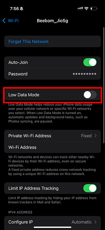 Disable Low Data Mode in iPhone WiFi settings