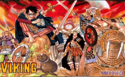 Straw Hats in Viking costume in the cover of One Piece manga
