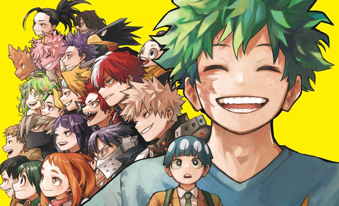 MHA manga's final volume cover featuring Deku and Class 1-A heroes