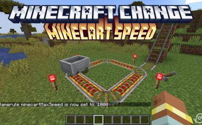 Minecart with speed set to 1000 is on a small rail track