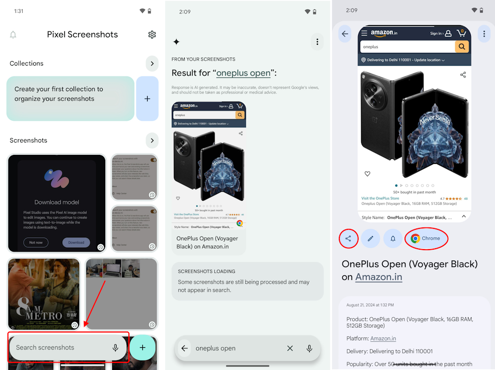 Searching for a screenshot in Pixel Screenshots app