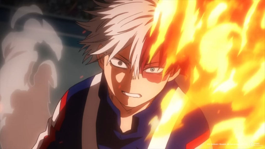 Shoto Todoroki using his fire quirk