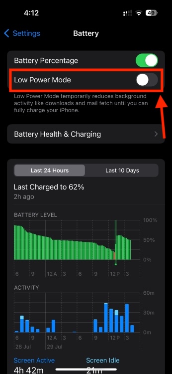 Turn Off Low Power Mode on iPhone