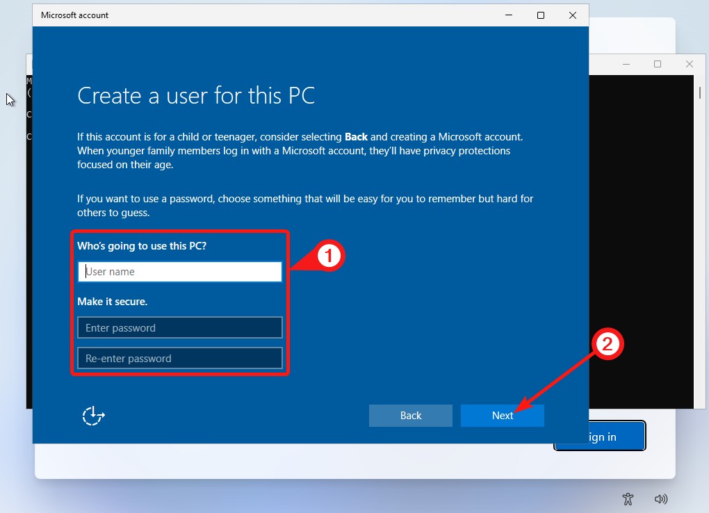 screenshot of Local account selection on Windows 11 without using Microsoft account
