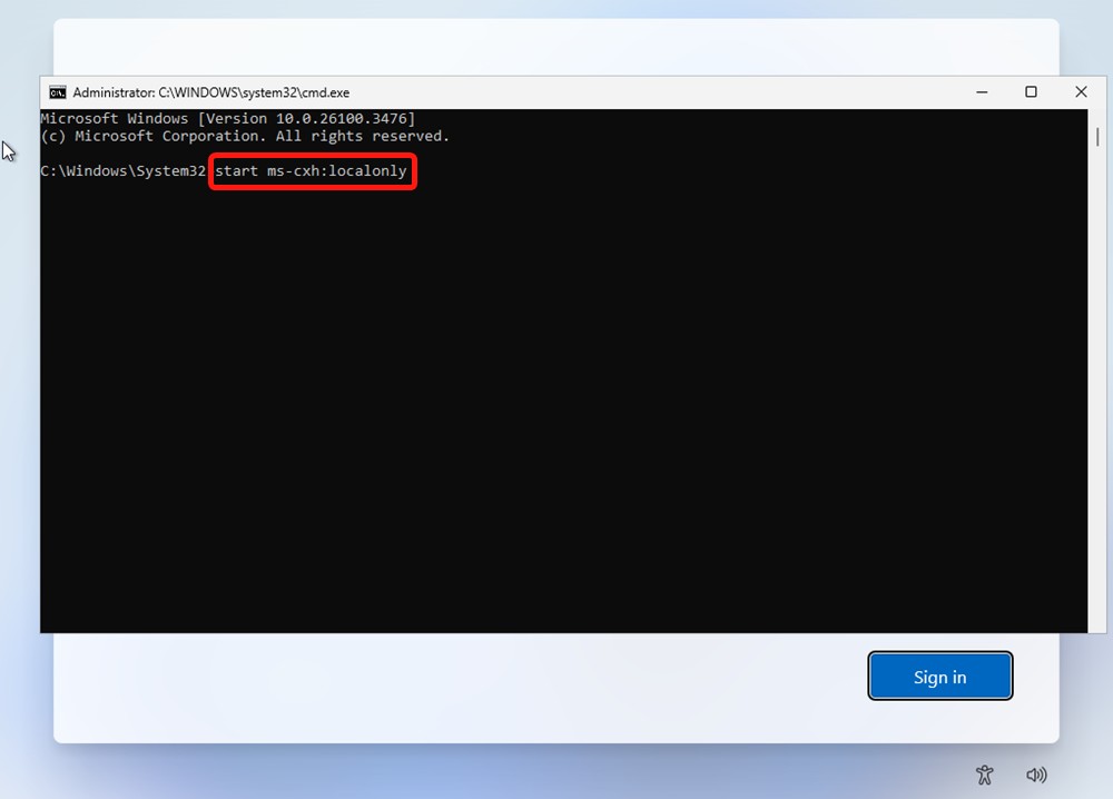 screenshot of using a command on Command Prompt to skip Microsoft account requirement on Windows 11