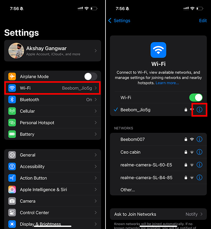 iPhone WiFi settings page with the "i" icon highlighted