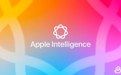 illustration featuring Apple Intelligence logo in front of a gradient background