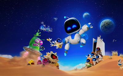 Homescreen of Astro Bot featuring the hero, the aliens and the PS5 mothership.
