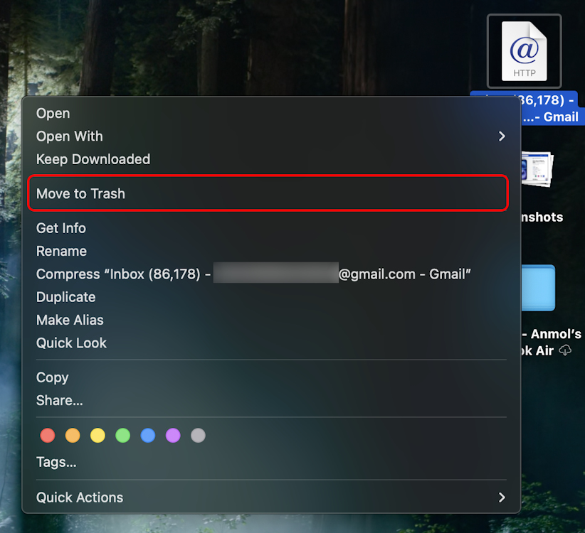 Move desktop Gmail shortcut app to Trash on Mac