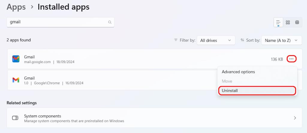 Uninstall Gmail desktop shortcut app Windows