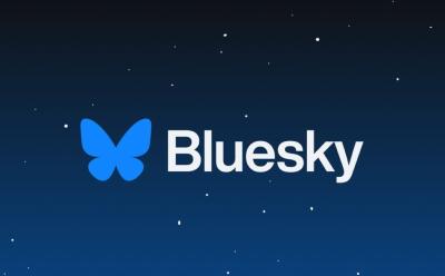 illustration of Bluesky logo with text on top of a dark night sky background