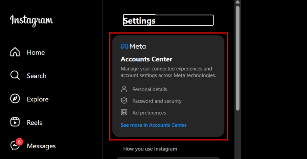 Go to Accounts Center on Instagram on web