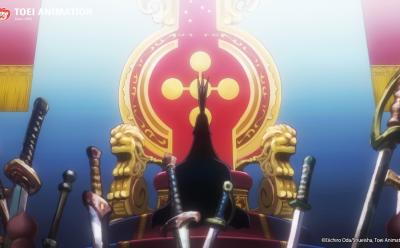 Imu sitting in the throne inside Pangea Castle in One Piece.