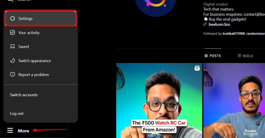 Open Settings on Instagram from your web browser